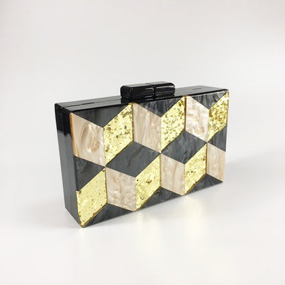 New Women's Bag Vintage Sequins Acrylic Dinner Bag Geometric Checker Splicing Handbag Dress Bag