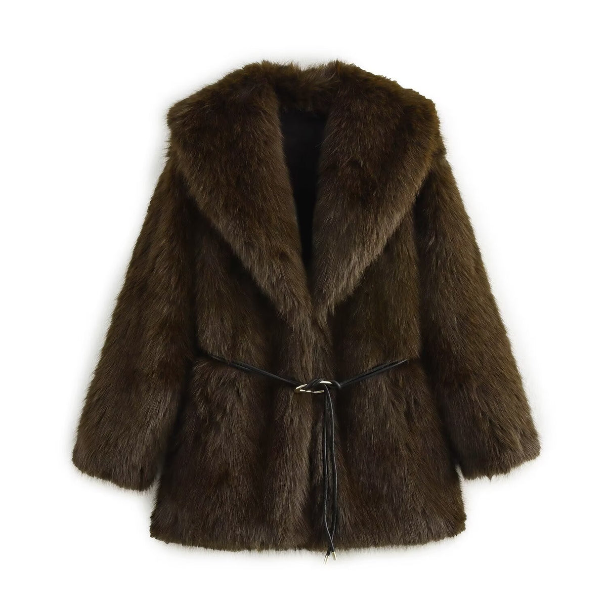 Casual waist belt faux fur coat