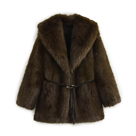 Casual waist belt faux fur coat