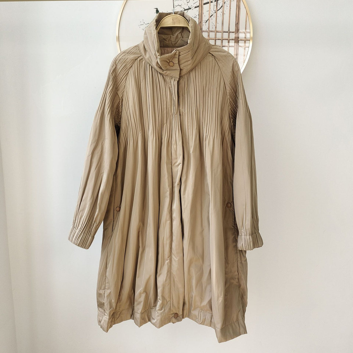 High-end Pleated Style Loose Casual Trench Coat Parka Outerwear