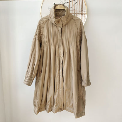 High-end Pleated Style Loose Casual Trench Coat Parka Outerwear