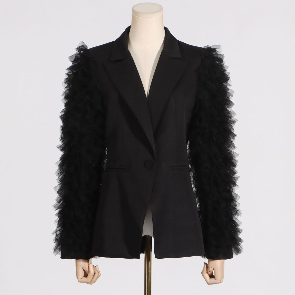 Fashion Design Vintage Pleated Tulle Spliced Suit Women's Blazer Coat