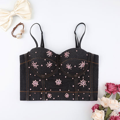 Denim Beaded Backless Crop Top with High Waist and Belly Show for Shaping