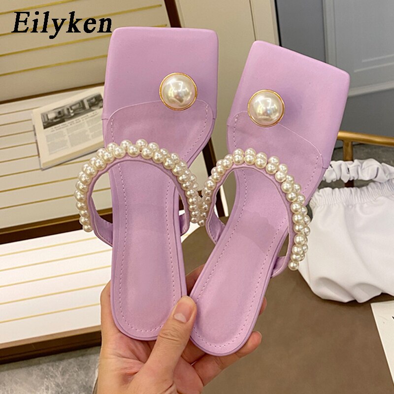 Fashion String Bead Womens Slippers Summer Outdoor Square Toe Flip Flops Pearl Decoration Sandals Femme Low Heel Shoes