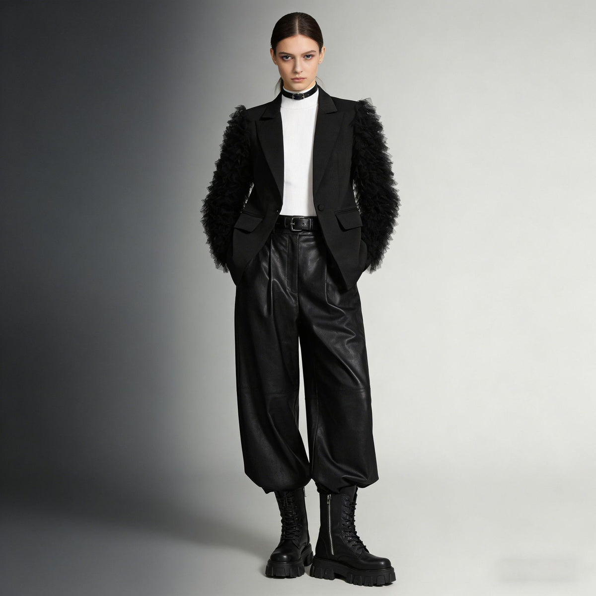 Fashion Design Vintage Pleated Tulle Spliced Suit Women's Blazer Coat