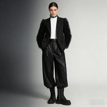 Fashion Design Vintage Pleated Tulle Spliced Suit Women's Blazer Coat