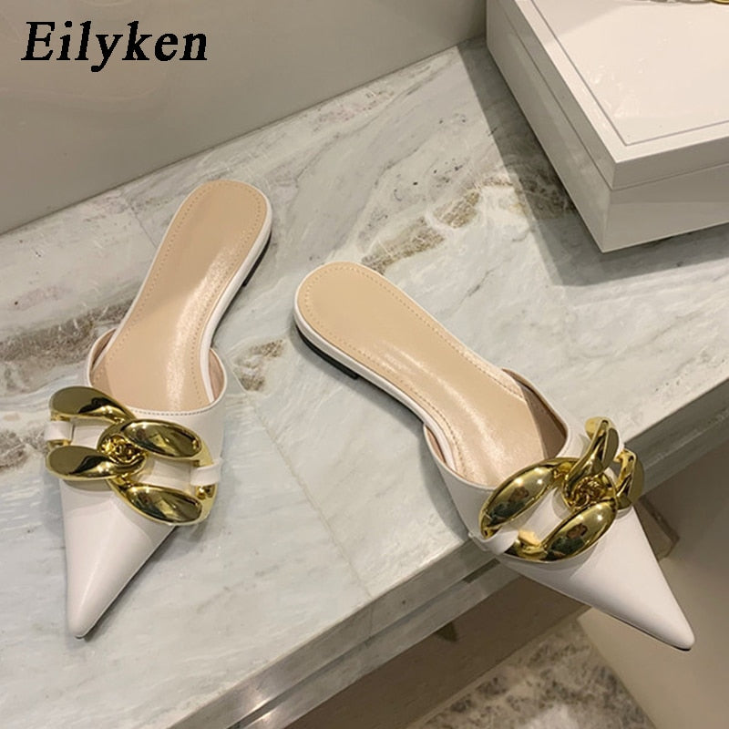 Summer Fashion Metal Chain Buckle Women Mules Slippers New Pointed Toe Slip On Ladies Outdoor Casual Flat Heels Shoes