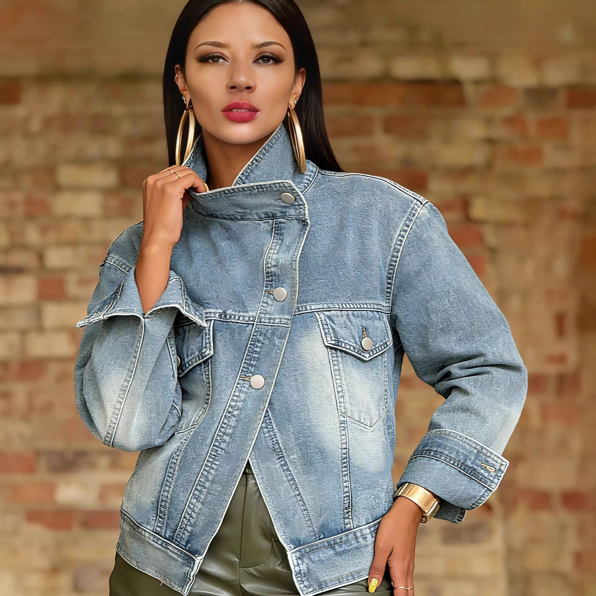 Streetwear Biker Style Washed Stand Collar Retro Denim Jacket Coat