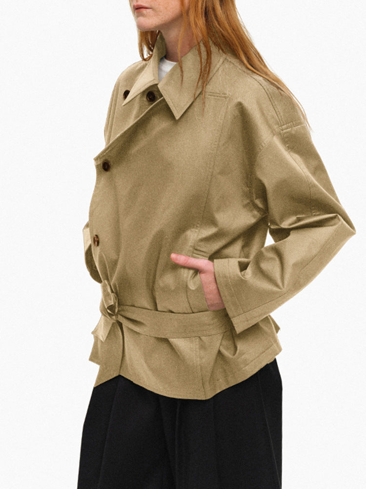 Short-Cut Reversible Trench Coat with Notched Lapel, Double-Breasted, Waist-Cinching Loose Fit