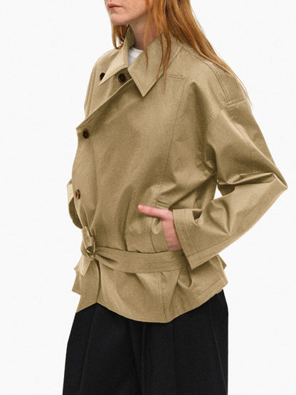 Short-Cut Reversible Trench Coat with Notched Lapel, Double-Breasted, Waist-Cinching Loose Fit