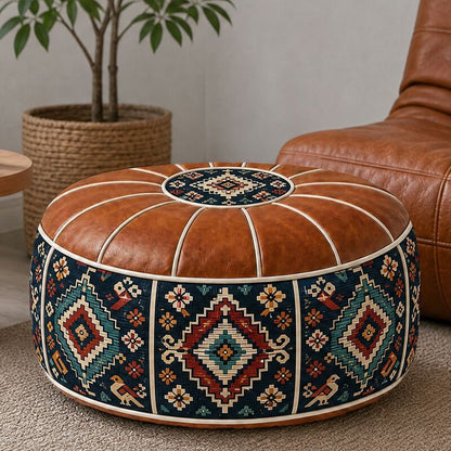 Bohemian Ottoman Pouf Stuffable with PU Leather Cover Waterproof Large Opening Storage Footrest for Living Room Bedroom