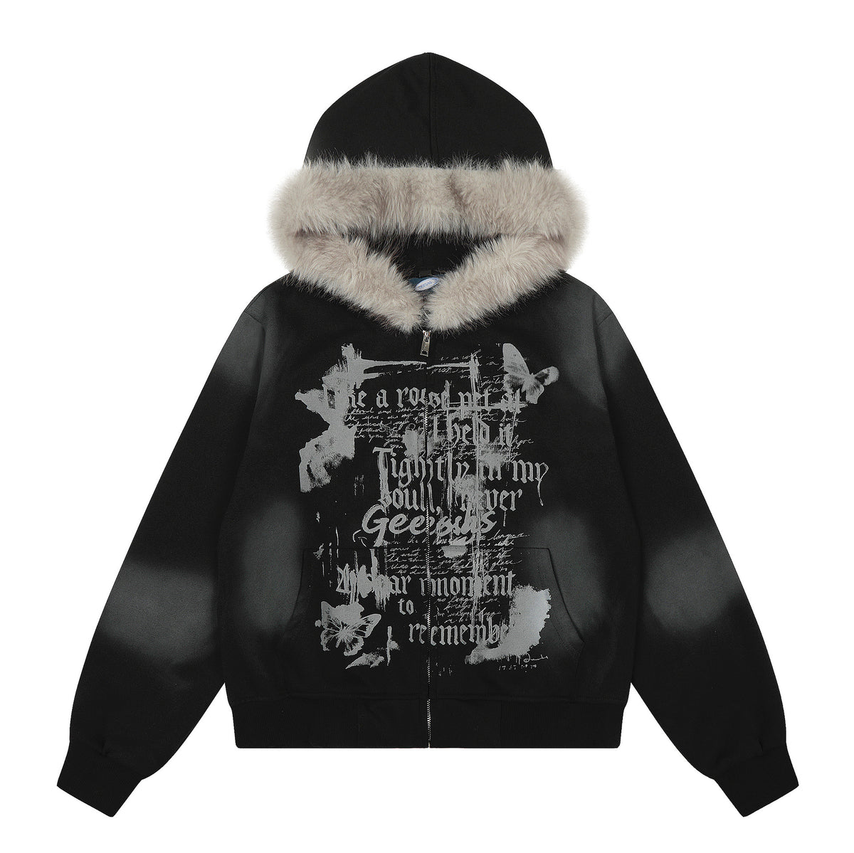 Tie dye fur collar hooded sweatshirt women's coat