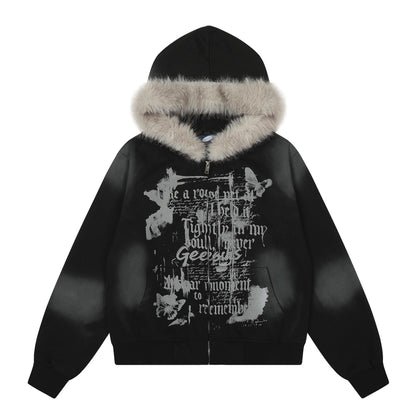 Tie dye fur collar hooded sweatshirt women's coat