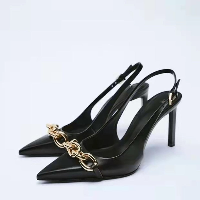Black chain embellished high heeled pointed thin heeled sandals for women