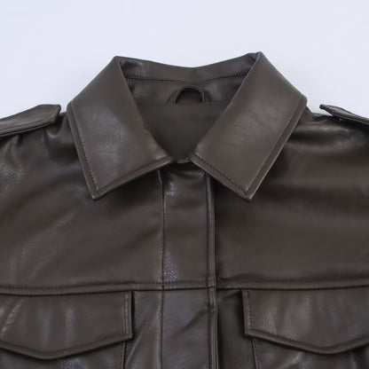 Pocket decoration imitation leather jacket women's coat