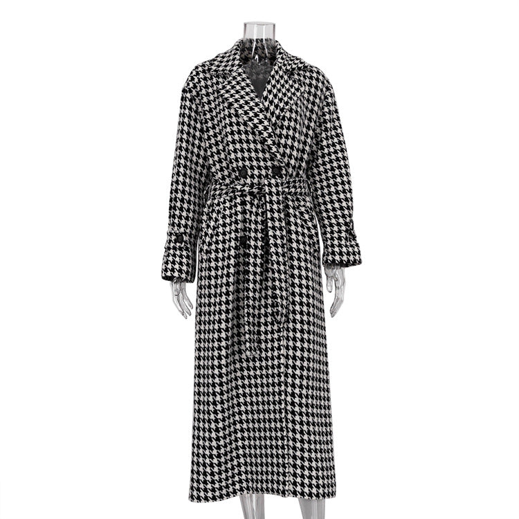 Long Checkered Coat for Women, Black and White Classic Trench Coat