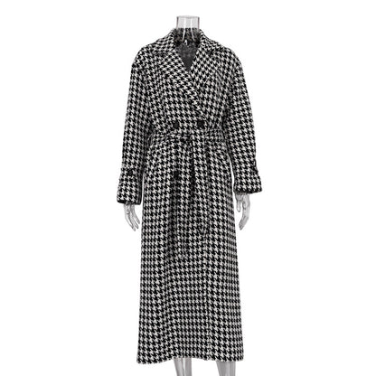 Long Checkered Coat for Women, Black and White Classic Trench Coat