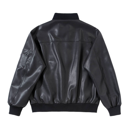 Minimalist Solid Color Loose Stand-up Collar PU Leather Jacket Workwear Coat