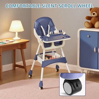 Baby High Chair with Dual Tray, Adjustable Height, Lockable Wheels & Storage Basket | Portable Toddler Dining Chair double removable,back to school