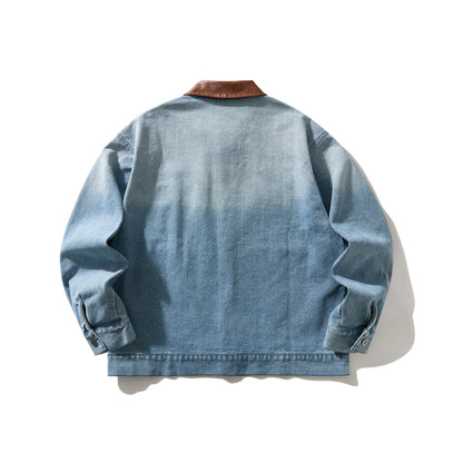 Color-Blocking Patchwork Leather Collar Denim Jacket Loose Washed Distressed Coat