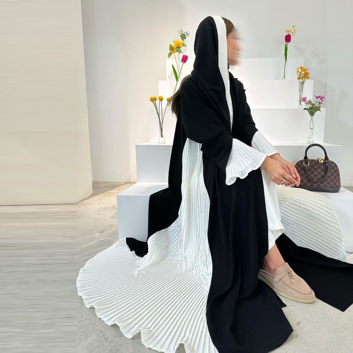 Modest Turkish Style Pleated Dress with Trendy Gathered Panel Cardigan Coat