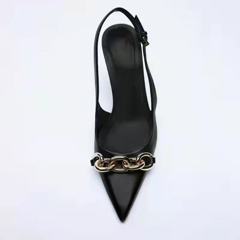 Black chain embellished high heeled pointed thin heeled sandals for women