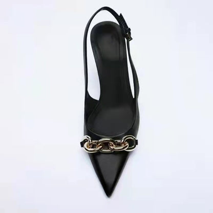 Black chain embellished high heeled pointed thin heeled sandals for women
