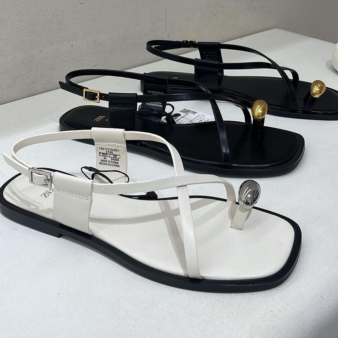 Square toe thong flat sandals women's cross strap casual outer wear beach shoes fashion shoes