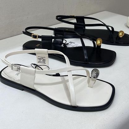 Square toe thong flat sandals women's cross strap casual outer wear beach shoes fashion shoes