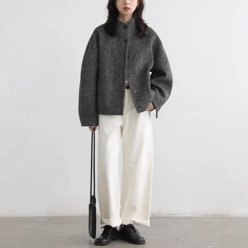 Retro Style Early Winter New Arrival Stand Collar Twill Texture Single Breasted Wool Blend Short Coat for Women