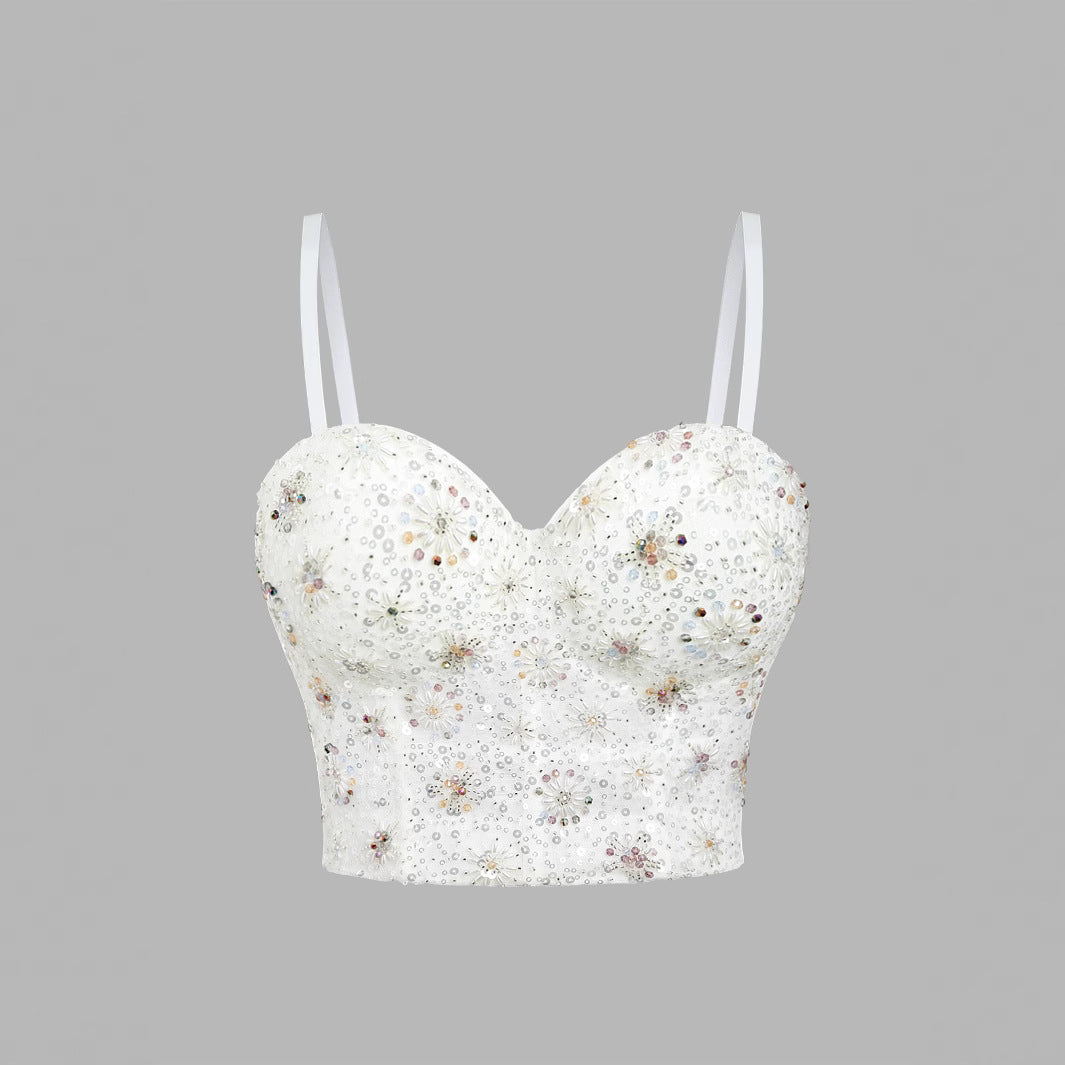 Women's Crop Top with Pink Sequins and Beads.
