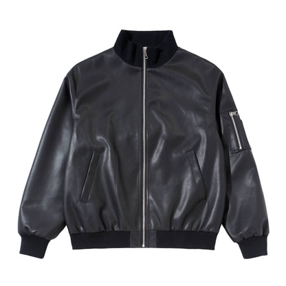 Minimalist Solid Color Loose Stand-up Collar PU Leather Jacket Workwear Coat