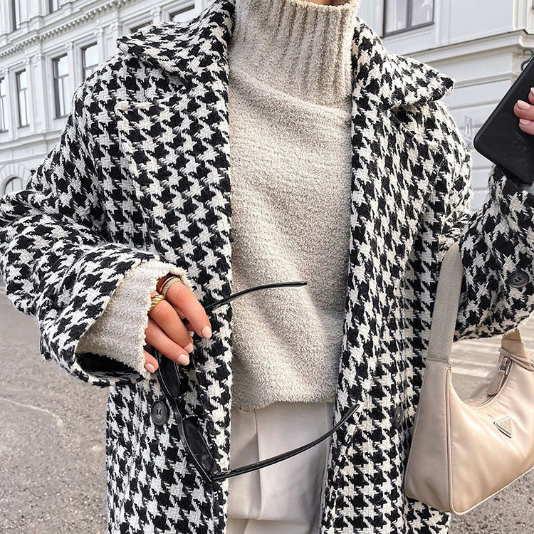 Long Checkered Coat for Women, Black and White Classic Trench Coat