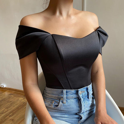Fishbone waist cinched strapless satin one shoulder top for women