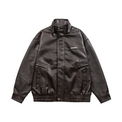 Stand-up Collar PU Leather Jacket Windproof Cool Style Versatile Motorcycle Coat