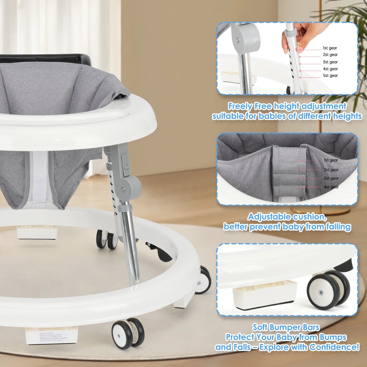 Wismind Baby Walker with Adjustable Height, Foldable Toddler Walker with Wheels & Activity Tray