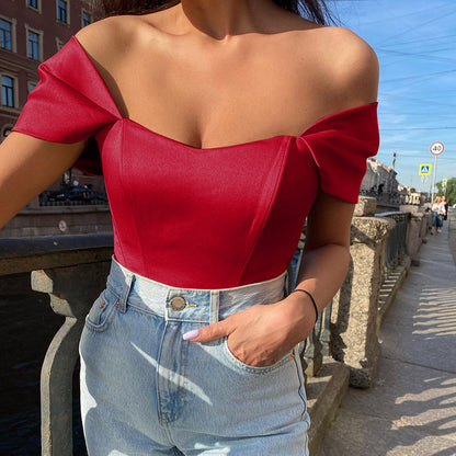 Fishbone waist cinched strapless satin one shoulder top for women