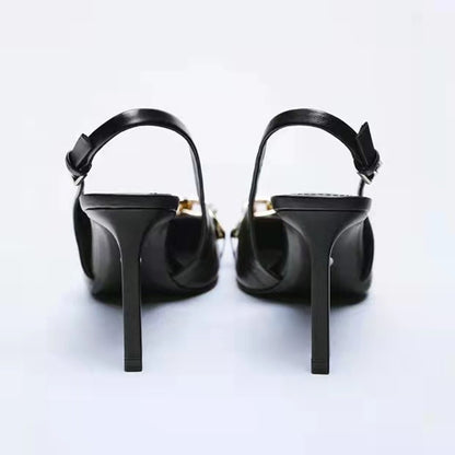 Black chain embellished high heeled pointed thin heeled sandals for women