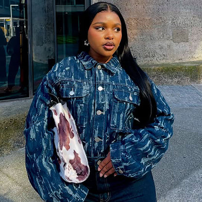 Women's Denim Jacket Autumn Winter Casual Street Style Handcrafted Distressed Long Sleeve Jacket Coat