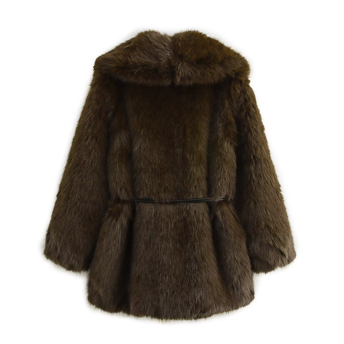 Casual waist belt faux fur coat