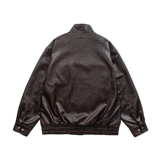 Stand-up Collar PU Leather Jacket Windproof Cool Style Versatile Motorcycle Coat