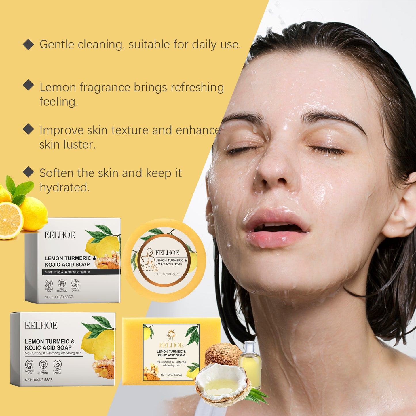 EELHOE Lemon Turmeric Acid Soap, Gently Cleanses, Moisturizes And Brightening Skin Square Cleanser