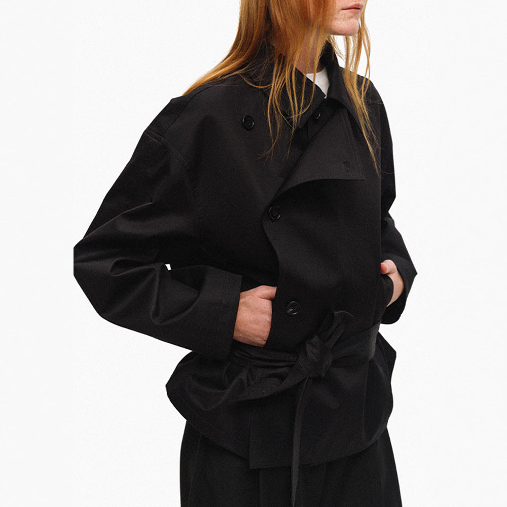 Short-Cut Reversible Trench Coat with Notched Lapel, Double-Breasted, Waist-Cinching Loose Fit