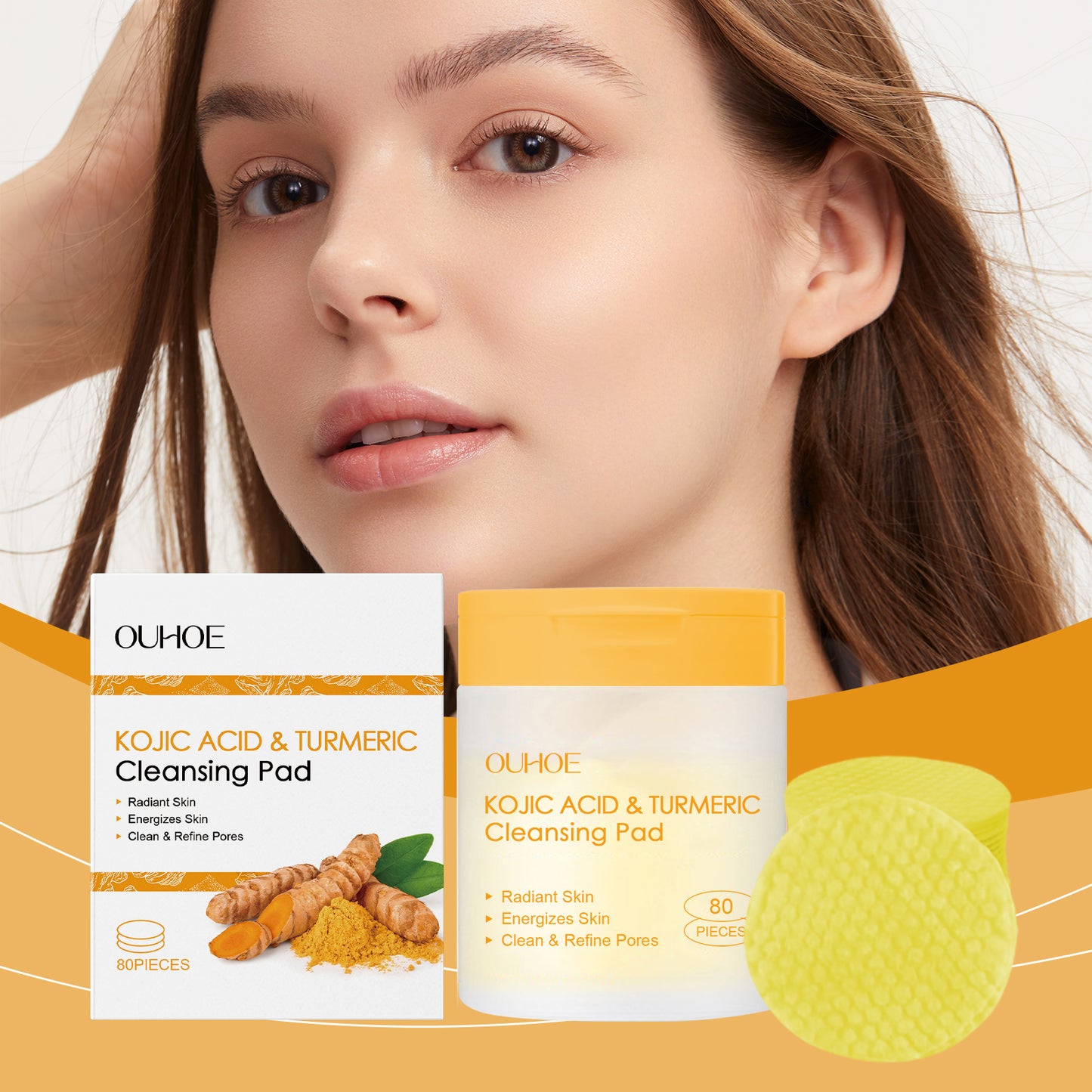 OUHOE Kojic Acid Turmeric Cleansing Pad Gentle Facial Cleanser Without Irritating Fine Pores Skin Care Pad