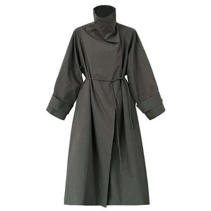 Stand Collar Trench Coat for Women Autumn New Vintage Belted Mid-Length Loose Coat