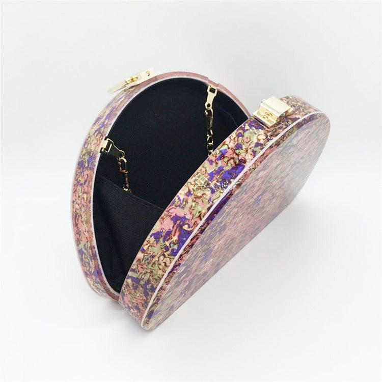 Ins Crescent D Shape Font Glitter Acrylic Dinner Bag Hold Bag Semi-Round Fashion Dress Hard Box Bag