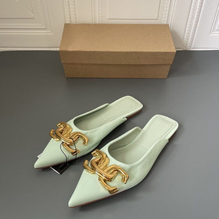 Button pointed flat bottomed wrapped half slippers and sandals for women