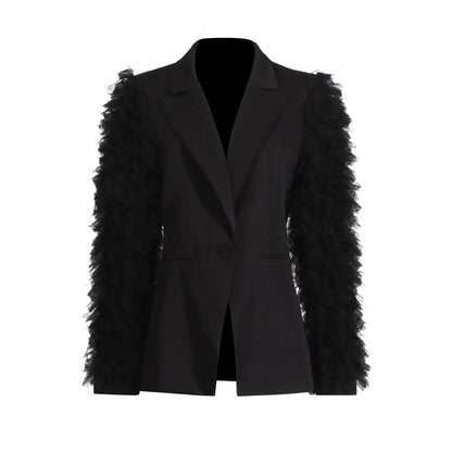 Fashion Design Vintage Pleated Tulle Spliced Suit Women's Blazer Coat