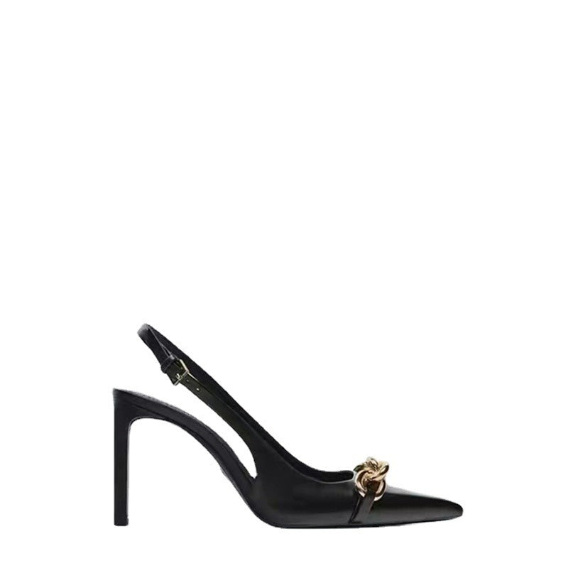 Black chain embellished high heeled pointed thin heeled sandals for women