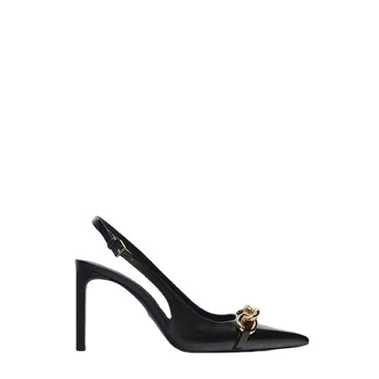 Black chain embellished high heeled pointed thin heeled sandals for women